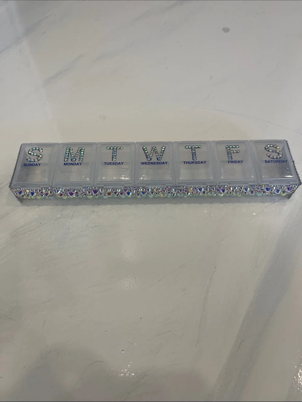 Handmade Daily Pill Organizer Box with Rhinestone Trim - White